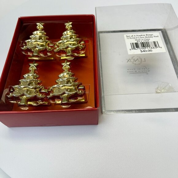 Lenox Holiday Christmas Tree Napkin Holders Set of 4 Gold Tone with Box - Picture 5 of 5
